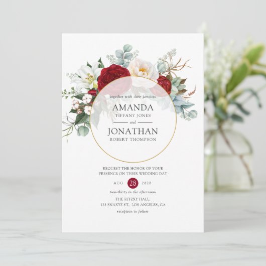 ブルゴーニュ赤と白フローラ幾何結婚の 招待状 (スタンド正面)