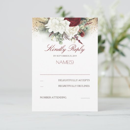 ブルゴーニュ赤と白フローラ結婚式RSVP 出欠カード (スタンド正面)