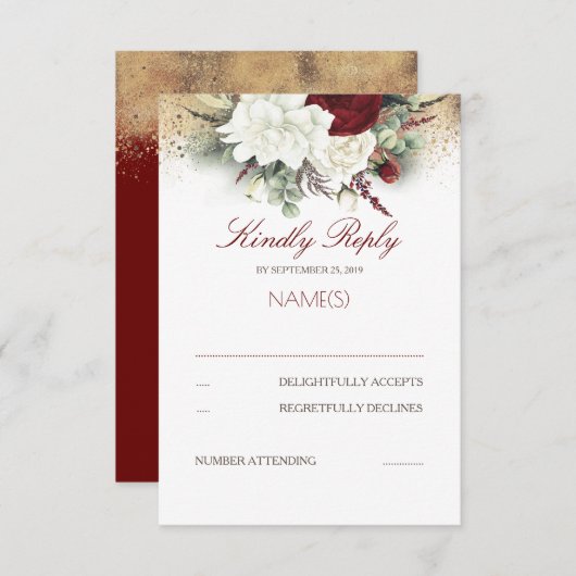 ブルゴーニュ赤と白フローラ結婚式RSVP 出欠カード (正面/裏面)