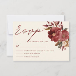ブルゴーニュ赤と赤面ピンク秋の結婚式 出欠カード
