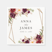 ブルゴーニュ赤と赤面フローラ幾何学 スタンダードカクテルナプキン (正面)