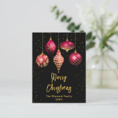 ブルゴーニュ赤と金ゴールドオーナメントメリークリスマス シーズンポストカード (スタンド正面)
