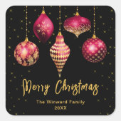 ブルゴーニュ赤と金ゴールドオーナメントメリークリスマス スクエアシール (正面)