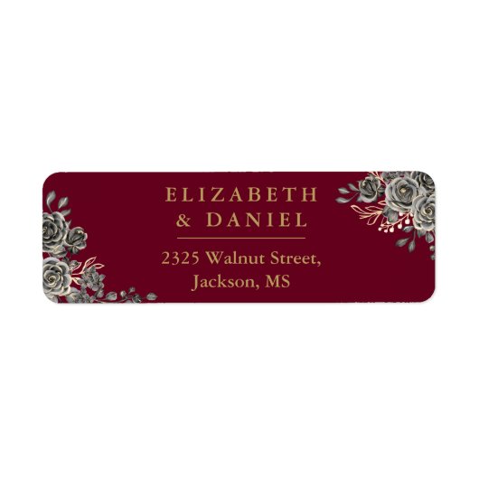 ブルゴーニュ赤と金ゴールドフローラゴシック差出人住所 ラベル (正面)