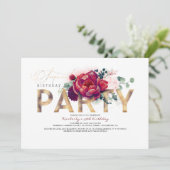 ブルゴーニュ赤と金ゴールドフローラ型サプライズパーティー 招待状