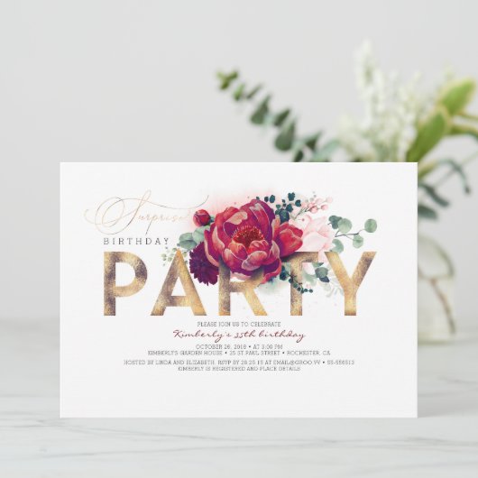 ブルゴーニュ赤と金ゴールドフローラ型サプライズパーティー 招待状 (スタンド正面)