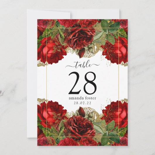 ブルゴーニュ赤と金ゴールドヴィンテージバラ表番号 招待状 (正面)