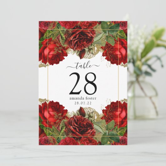 ブルゴーニュ赤と金ゴールドヴィンテージバラ表番号 招待状 (スタンド正面)