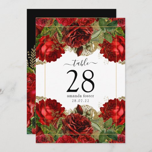 ブルゴーニュ赤と金ゴールドヴィンテージバラ表番号 招待状 (正面/裏面)