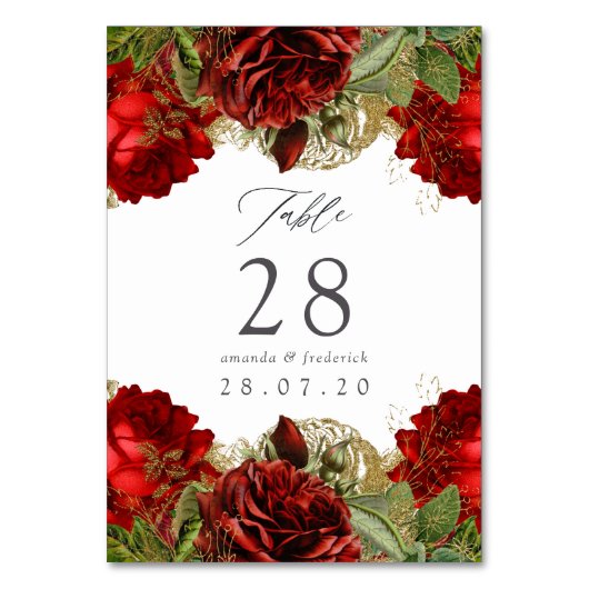 ブルゴーニュ赤と金ゴールドヴィンテージ結婚バラ テーブルナンバー (正面)
