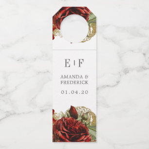 ブルゴーニュ赤と金ゴールドヴィンテージ結婚バラ ボトルネックタグ