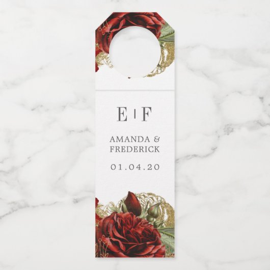 ブルゴーニュ赤と金ゴールドヴィンテージ結婚バラ ボトルネックタグ (正面)