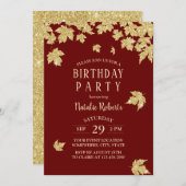 ブルゴーニュ赤と金ゴールド葉スバモダンーバースデーパーティー 招待状 (正面/裏面)