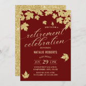 ブルゴーニュ赤と金ゴールド葉リタイモダンメントパーティー 招待状 (正面/裏面)