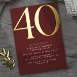 ブルゴーニュ赤と金ゴールド モダン| Luxe 40th Birthday 箔招待状<br><div class="desc">ミニマルモダンスタイル40歳の誕生日招待状の見出し"40"の文字は金実在属の箔です。イベント詳細はマットホワイトで印刷。金ゴールドは濃い赤の背景にアクセントを付ける。</div>