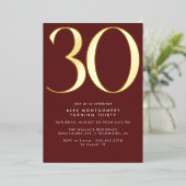 ブルゴーニュ赤と金ゴールド | Luxe Maroon 30th Birthday 箔招待状 (立ち正面)