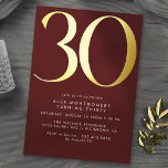 ブルゴーニュ赤と金ゴールド | Luxe Maroon 30th Birthday 箔招待状<br><div class="desc">モダンスタイル30歳の誕生日招待状で、金属箔に大きな見出し"30"を実在持つ。イベント詳細は下にマットホワイトフォントで印刷。暗ユニセックスいブルゴーニュ色の赤に金ゴールドのアクセントを持つデザイン。(背景色はデザインツールを使って変更できる。金属箔のタイプを変更することもできます。</div>