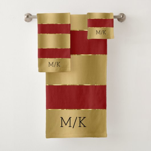 ブルゴーニュ赤と高級金ゴールドストライプパターン バスタオルセット (インサイチュ)