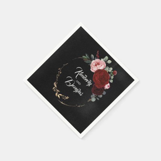 ブルゴーニュ赤と黒のフローラ結婚ズ スタンダードカクテルナプキン (角)