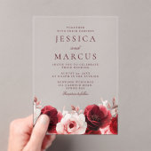 ブルゴーニュ赤のエレガンス：赤結婚バラ アクリル招待状 (インサイチュ (ポータブル))