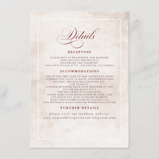 ブルゴーニュ赤エレガント花ボホ結婚詳細 エンクロージャーカード (正面)