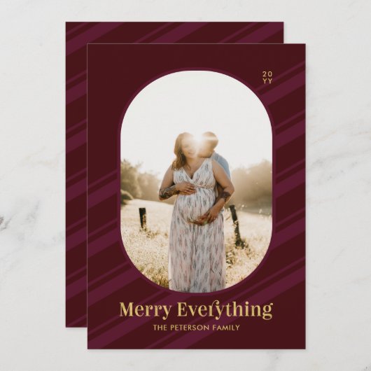 ブルゴーニュ赤ストライプメリークリスマスフォトホリデー シーズンカード (正面/裏面)