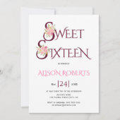 ブルゴーニュ赤タイポグラフィピンクのバラsweet sixteen 招待状 (正面)