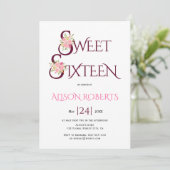 ブルゴーニュ赤タイポグラフィピンクのバラsweet sixteen 招待状 (スタンド正面)