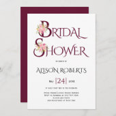 ブルゴーニュ赤タイポグラフィピンクローズブライダルシャワー 招待状 (正面/裏面)