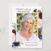 ブルゴーニュ赤ネイビー青フローラ写真誕生日パーティー 招待状 (正面)