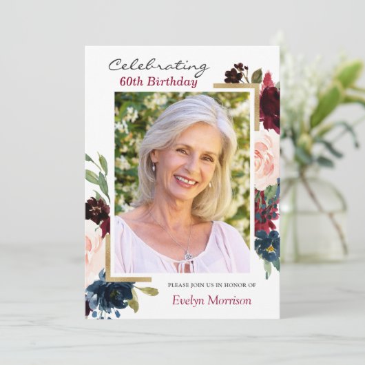 ブルゴーニュ赤ネイビー青フローラ写真誕生日パーティー 招待状 (スタンド正面)