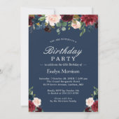 ブルゴーニュ赤ネイビー青フローラ写真誕生日パーティー 招待状 (裏面)