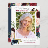 ブルゴーニュ赤ネイビー青フローラ写真誕生日パーティー 招待状 (正面/裏面)