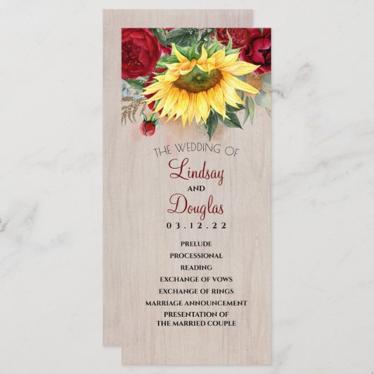 ブルゴーニュ赤バラとヒマワリ結婚式 プログラム (正面/裏面)