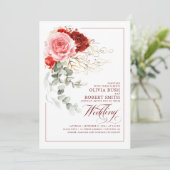 ブルゴーニュ赤ピンクの花ユーカリプトゥスボホ結婚ズ 招待状 (スタンド正面)