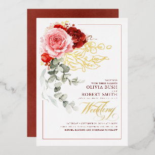 ブルゴーニュ赤ピンクの花ユーカリプトゥスボホ結婚ズ 箔招待状
