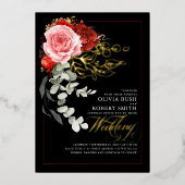 ブルゴーニュ赤ピンクの花ユーカリ結婚ブラック 箔招待状 (正面)