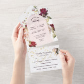 ブルゴーニュ赤ピンクローズフローラ写真 オールインワン招待状 (貼ってはがせる)