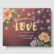 ブルゴーニュ赤フローラストリングライト結婚ズゲストブック