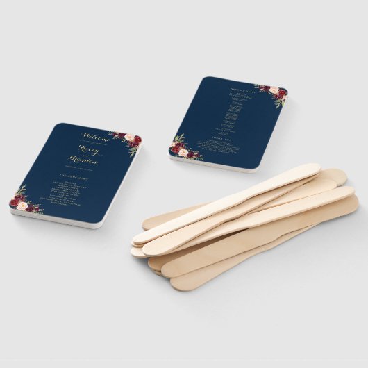 ブルゴーニュ赤フローラネイビーブルー金ゴールドスクリプト結婚ズ ハンドファン (組立なし)