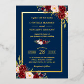 ブルゴーニュ赤フローラネイビーブルー金ゴールドフレーム結婚ズ 箔招待状 (正面)