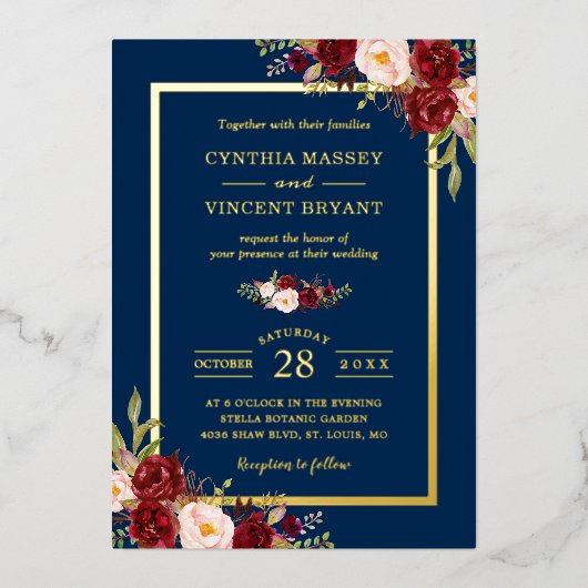 ブルゴーニュ赤フローラネイビーブルー金ゴールドフレーム結婚ズ 箔招待状 (正面)