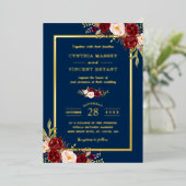ブルゴーニュ赤フローラネイビーブルー金ゴールドフレーム結婚ズ 箔招待状 (立ち正面)