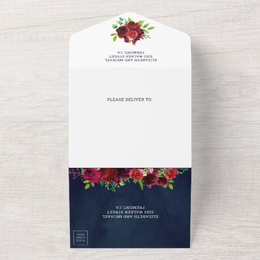 ブルゴーニュ赤フローラメイスンジャー海軍ブルー結婚ズ オールインワン招待状 (外側)