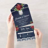 ブルゴーニュ赤フローラメイスンジャー海軍ブルー結婚ズ オールインワン招待状 (貼ってはがせる)