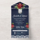 ブルゴーニュ赤フローラメイスンジャー海軍ブルー結婚ズ オールインワン招待状 (内側)