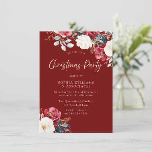 ブルゴーニュ赤フローラ作品または家族のクリスマスパーティー 招待状 (スタンド正面)