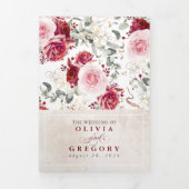 ブルゴーニュ赤フローラ植物学ボホ結婚ズ 三つ折り招待状 (カバー)