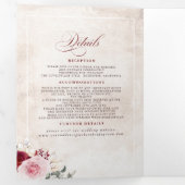 ブルゴーニュ赤フローラ植物学ボホ結婚ズ 三つ折り招待状 (内部最初)