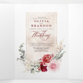 ブルゴーニュ赤フローラ植物学ボホ結婚ズ 三つ折り招待状 (内部中)